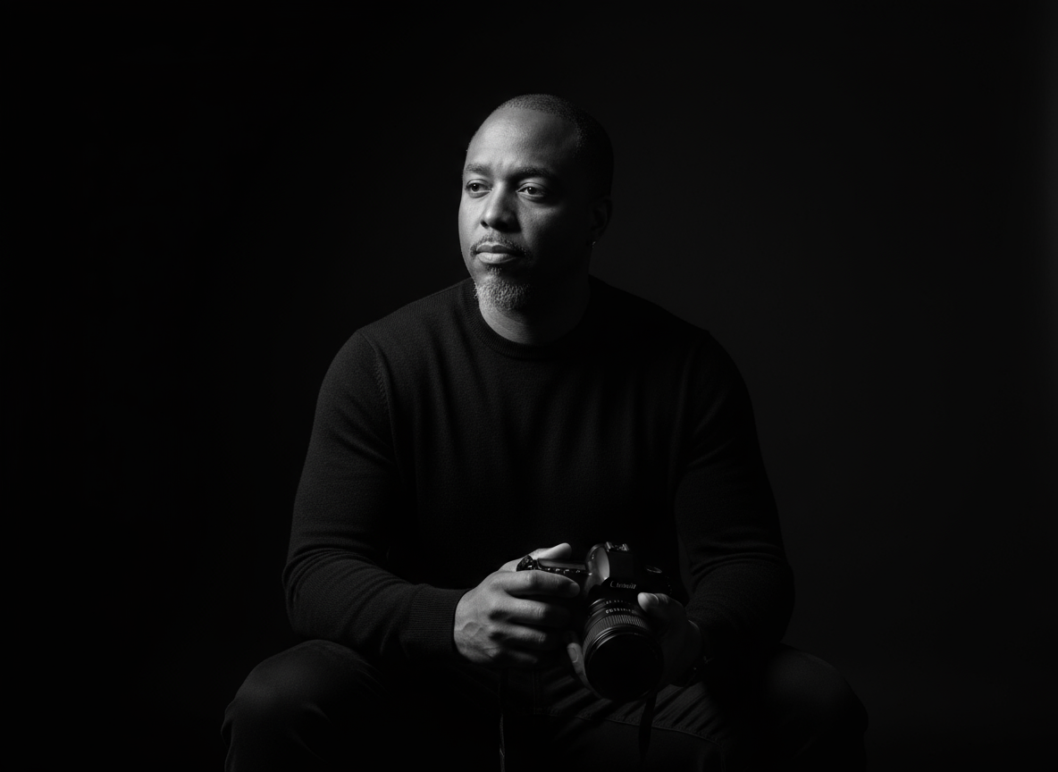 Black and white portrait of Jay.R Fogle seated holding a camera
