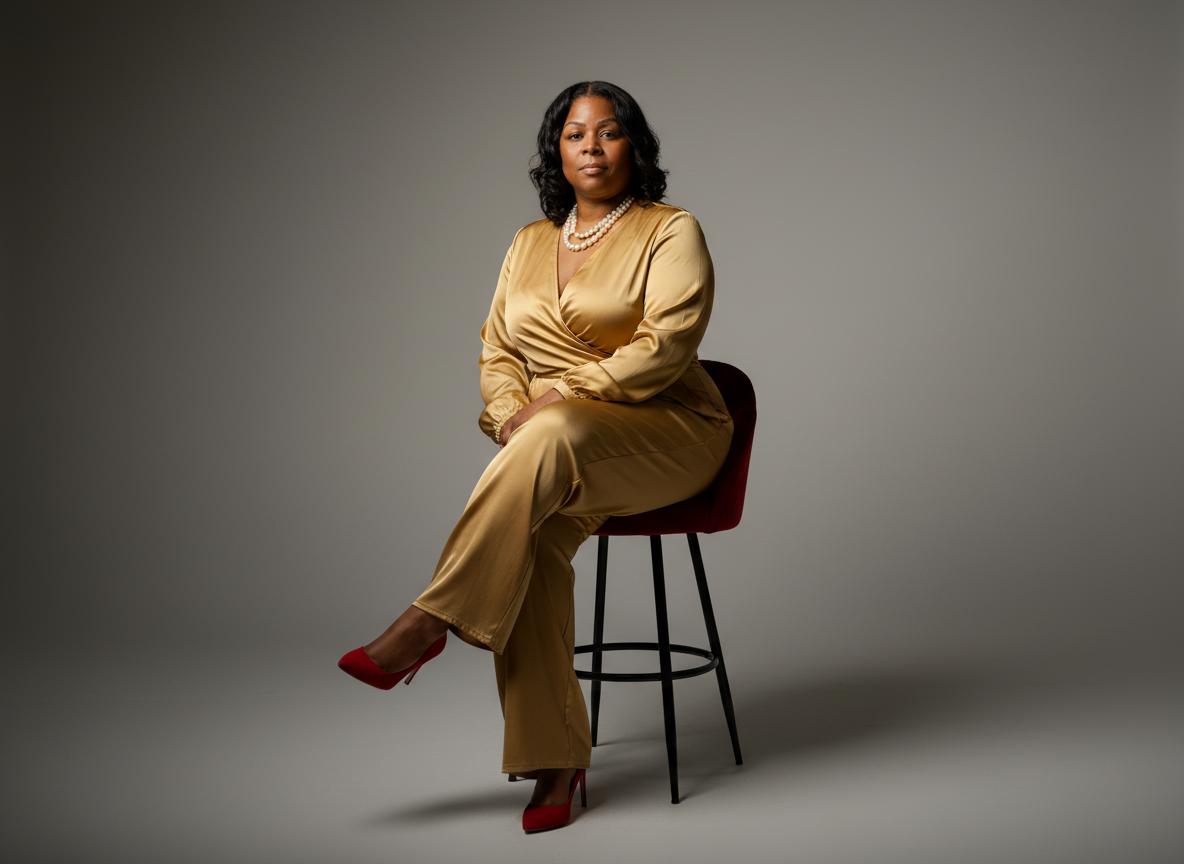 Woman in a white suit standing beside a director's chair