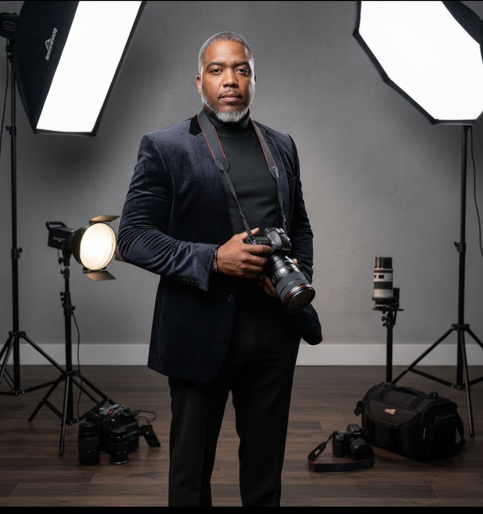Jay.R Fogle in a velvet blazer holding a camera between studio softboxes