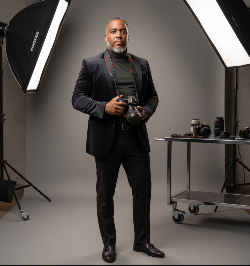 Jay.R Fogle standing in a lit studio holding a camera beside a table of lenses
