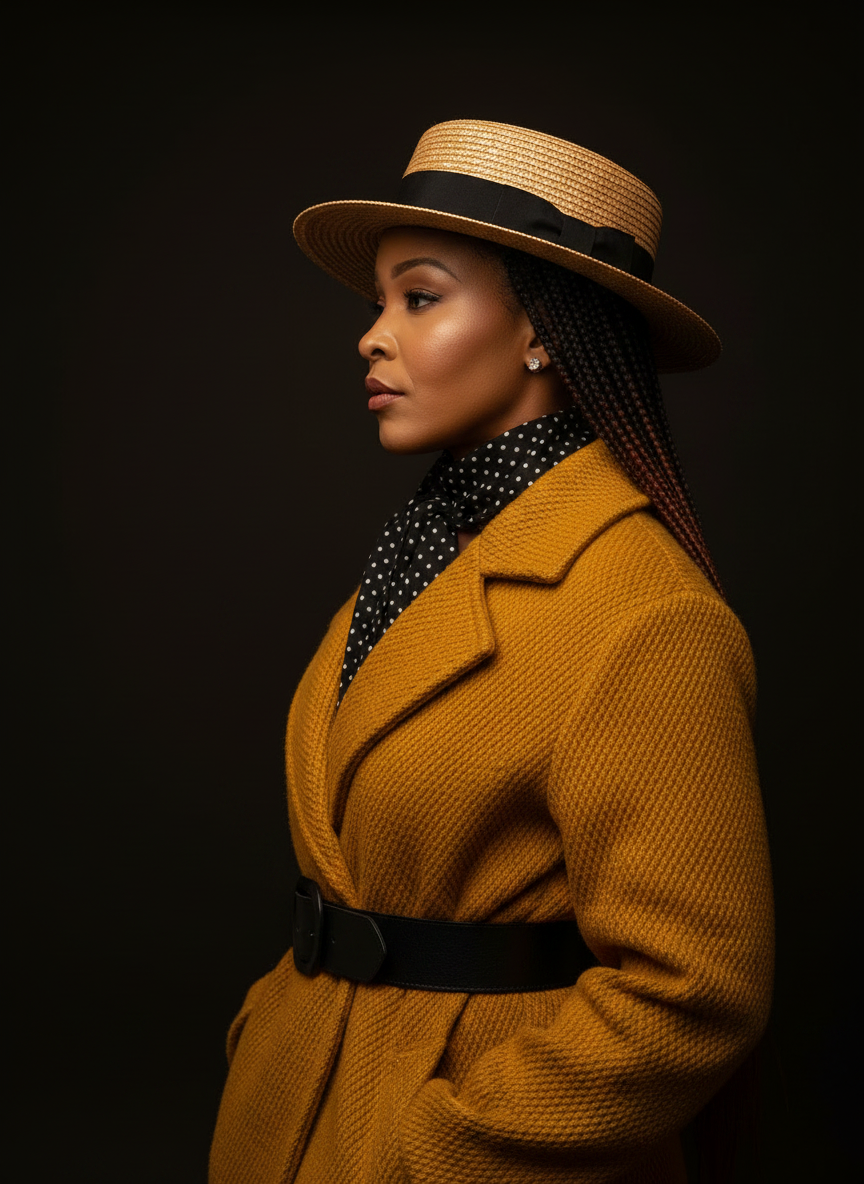 Profile portrait of a woman in a mustard coat and straw boater hat